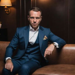 Andrew Tate, four time World Kickboxing Champion, in a suit, sitting in a luxury lounge and enjoying a high-end cigar, exuding confidence.