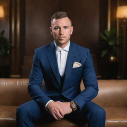 Andrew Tate, four time World Kickboxing Champion, in a suit, sitting in a luxury lounge and enjoying a high-end cigar, exuding confidence.