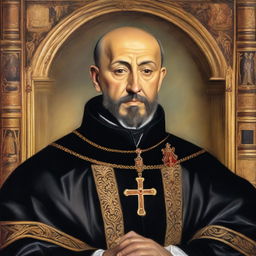 A detailed and realistic portrait of Saint Ignatius of Loyola, founder of the Jesuits, depicted in traditional religious attire