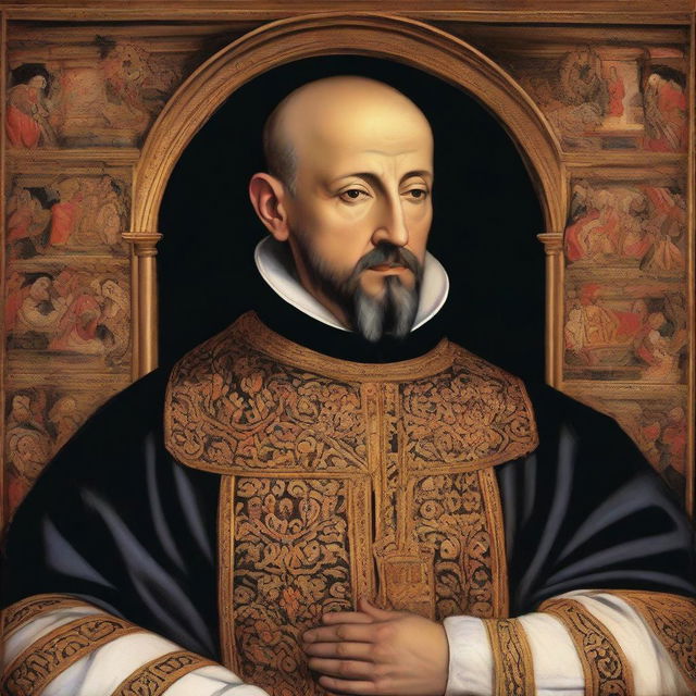 A detailed and realistic portrait of Saint Ignatius of Loyola, founder of the Jesuits, depicted in traditional religious attire