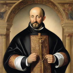 A detailed and realistic portrait of Saint Ignatius of Loyola, founder of the Jesuits, depicted in traditional religious attire