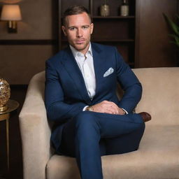 Andrew Tate, four time World Kickboxing Champion, in a suit, sitting in a luxury lounge and enjoying a high-end cigar, exuding confidence.