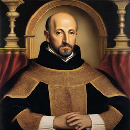 A detailed and realistic portrait of Saint Ignatius of Loyola, founder of the Jesuits, depicted in traditional religious attire