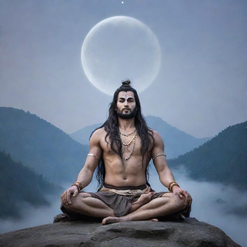 Mahadev Shiva with long, flowing hair, sitting in a tranquil meditation pose, against a misty Himalayan background with a crescent moon