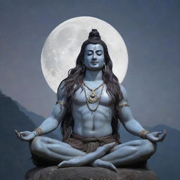 Mahadev Shiva with long, flowing hair, sitting in a tranquil meditation pose, against a misty Himalayan background with a crescent moon