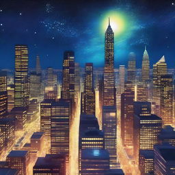 A digital art piece depicting a starry night sky over a bustling modern city