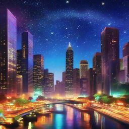 A digital art piece depicting a starry night sky over a bustling modern city