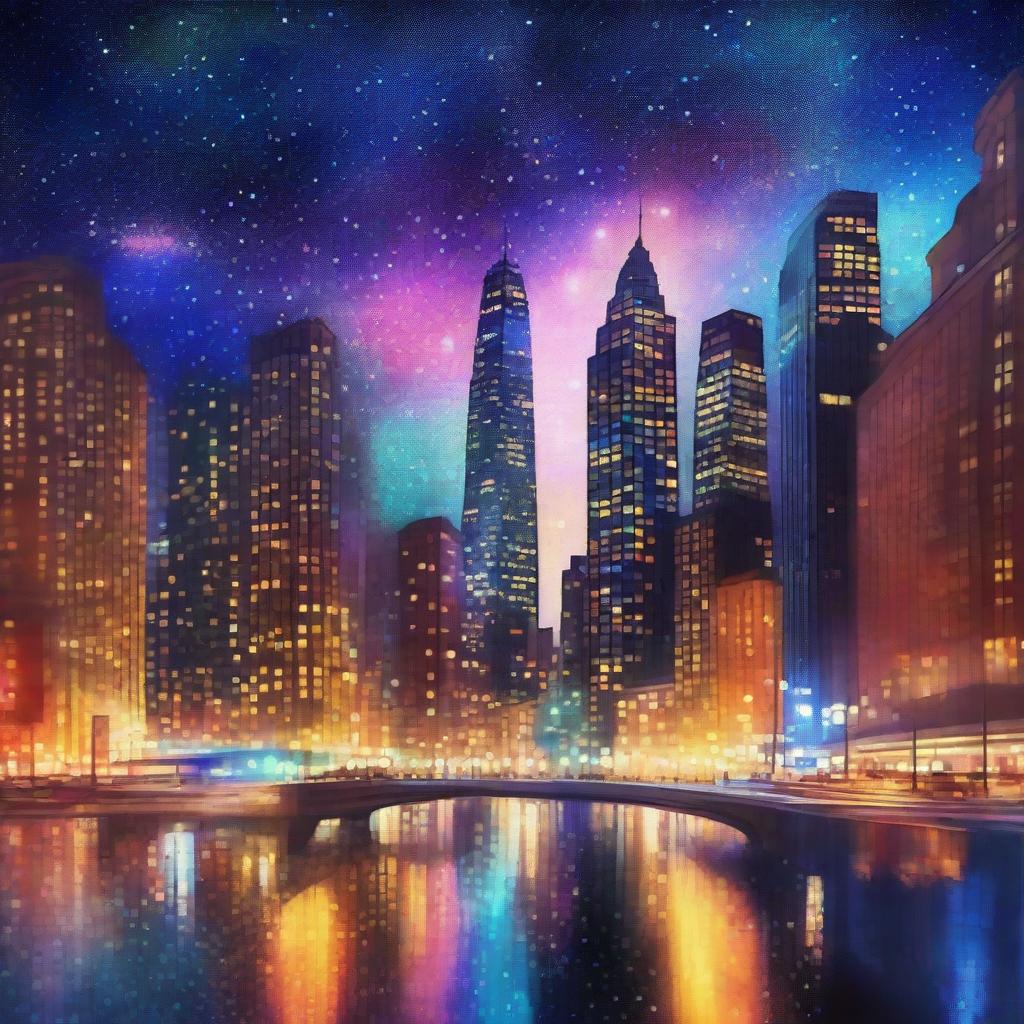 A digital art piece depicting a starry night sky over a bustling modern city