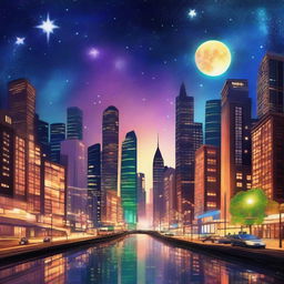 A digital art piece depicting a starry night sky over a bustling modern city