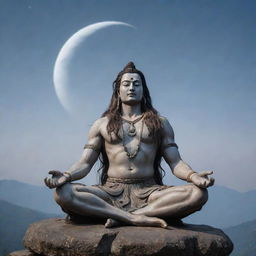 Mahadev Shiva with long, flowing hair, sitting in a tranquil meditation pose, against a misty Himalayan background with a crescent moon