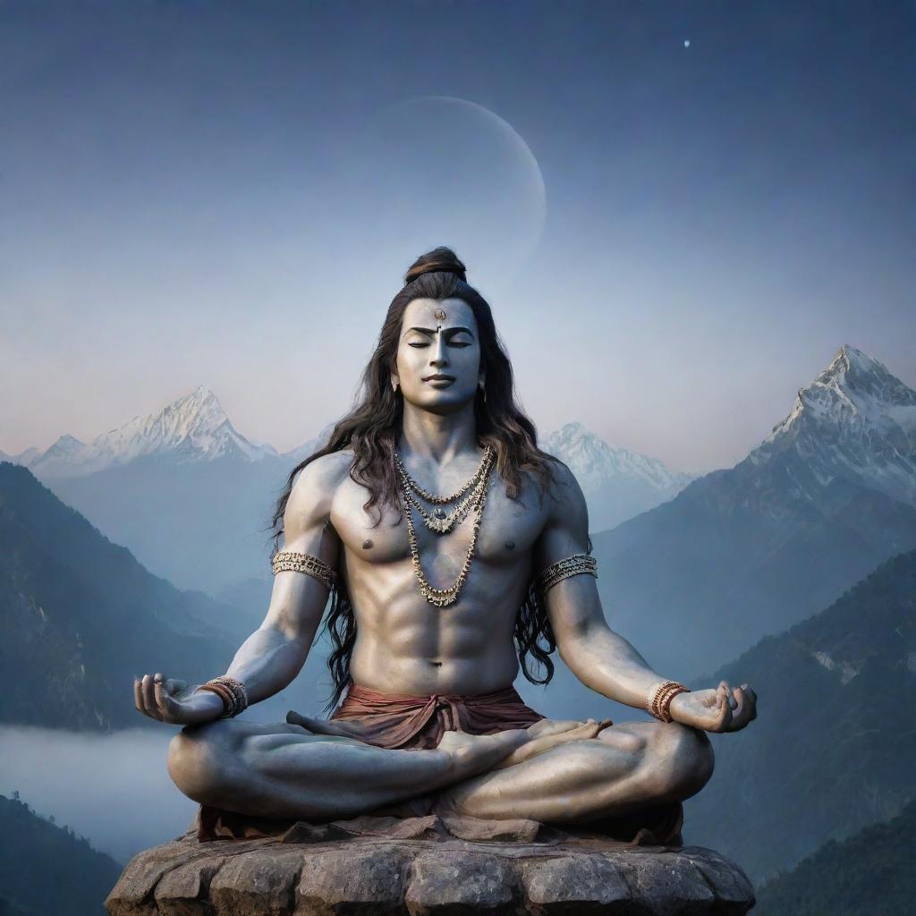 Mahadev Shiva with long, flowing hair, sitting in a tranquil meditation pose, against a misty Himalayan background with a crescent moon