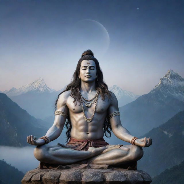 Mahadev Shiva with long, flowing hair, sitting in a tranquil meditation pose, against a misty Himalayan background with a crescent moon