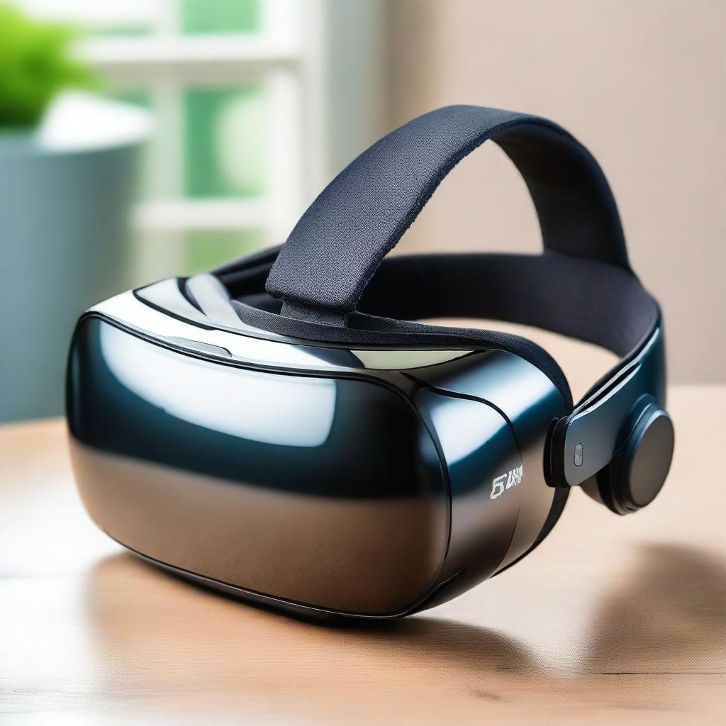 A high-tech VR headset with sleek design, featuring a comfortable head strap and futuristic details