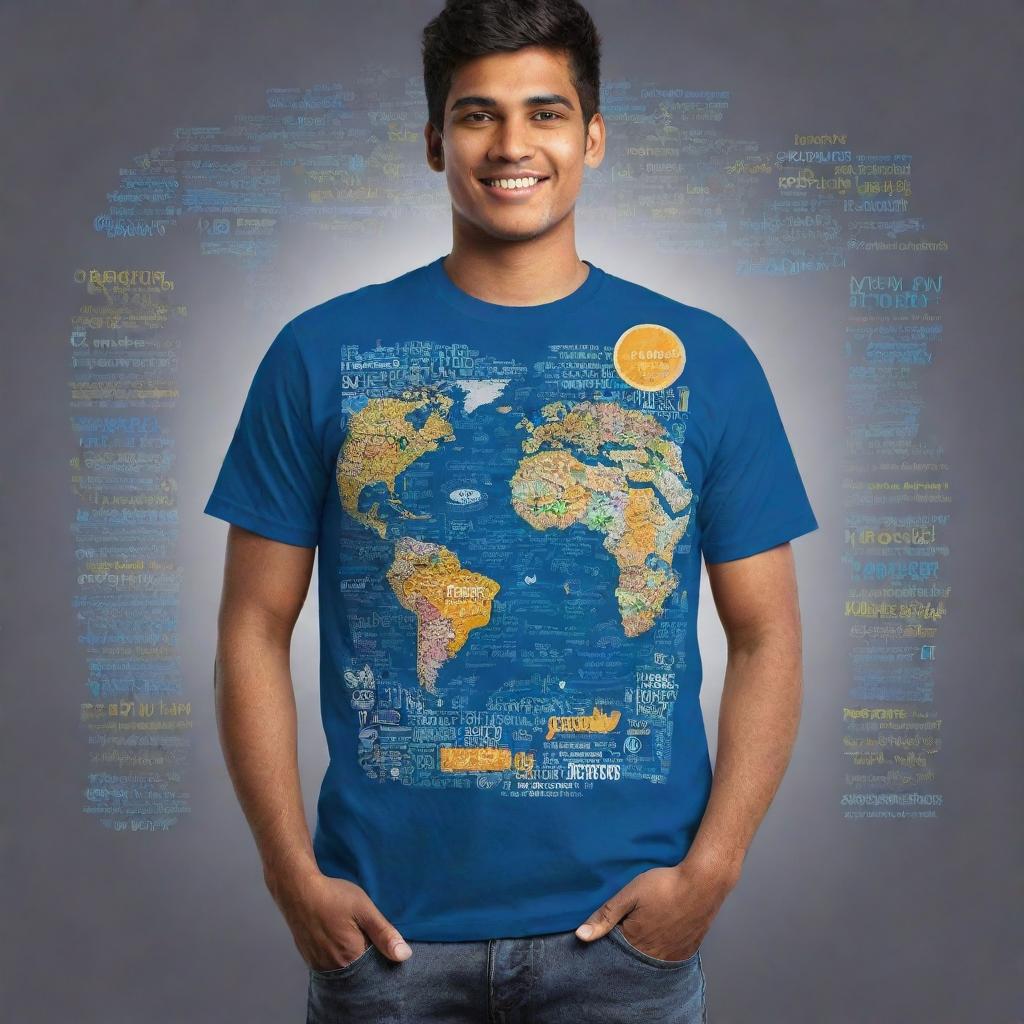 A visually striking t-shirt design embodying the theme of empowering young students to study abroad through Credila's digital solutions. Incorporate elements representing global education, digital technology, and aspiration.