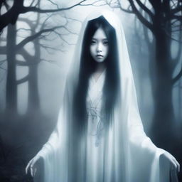 Create an image of a pretty Asian ghost with a horror background