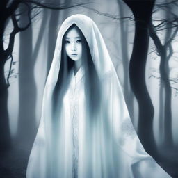 Create an image of a pretty Asian ghost with a horror background