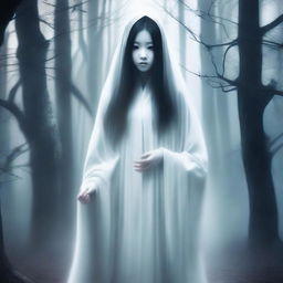 Create an image of a pretty Asian ghost with a horror background