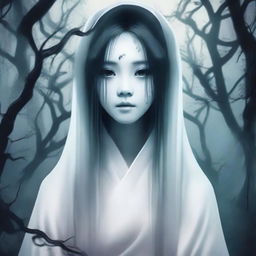 Create an image of a pretty Asian ghost with a horror background