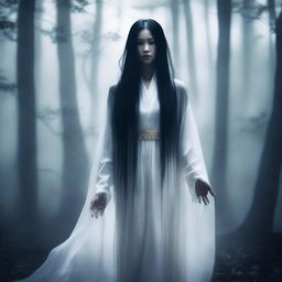 A hauntingly beautiful Asian ghost with long flowing hair, dressed in traditional attire