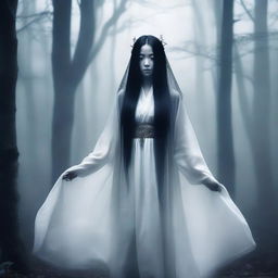 A hauntingly beautiful Asian ghost with long flowing hair, dressed in traditional attire