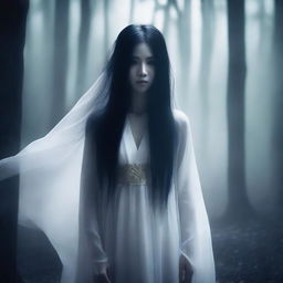 A hauntingly beautiful Asian ghost with long flowing hair, dressed in traditional attire