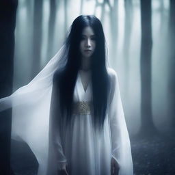 A hauntingly beautiful Asian ghost with long flowing hair, dressed in traditional attire