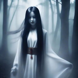 A hauntingly beautiful Asian ghost with long flowing hair, dressed in traditional attire