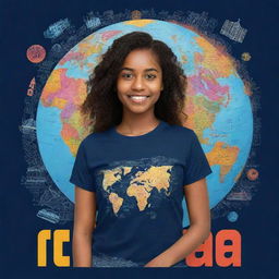 A visually striking t-shirt design embodying the theme of empowering young students to study abroad through Credila's digital solutions. Incorporate elements representing global education, digital technology, and aspiration.