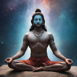 An ethereal image of Lord Mahadev, the Hindu god of destruction, in a tranquil yoga pose, with a cosmic backdrop