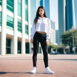 A sporty slim Asian girl is wearing Nike Jordan 1 sneakers that are loosely laced