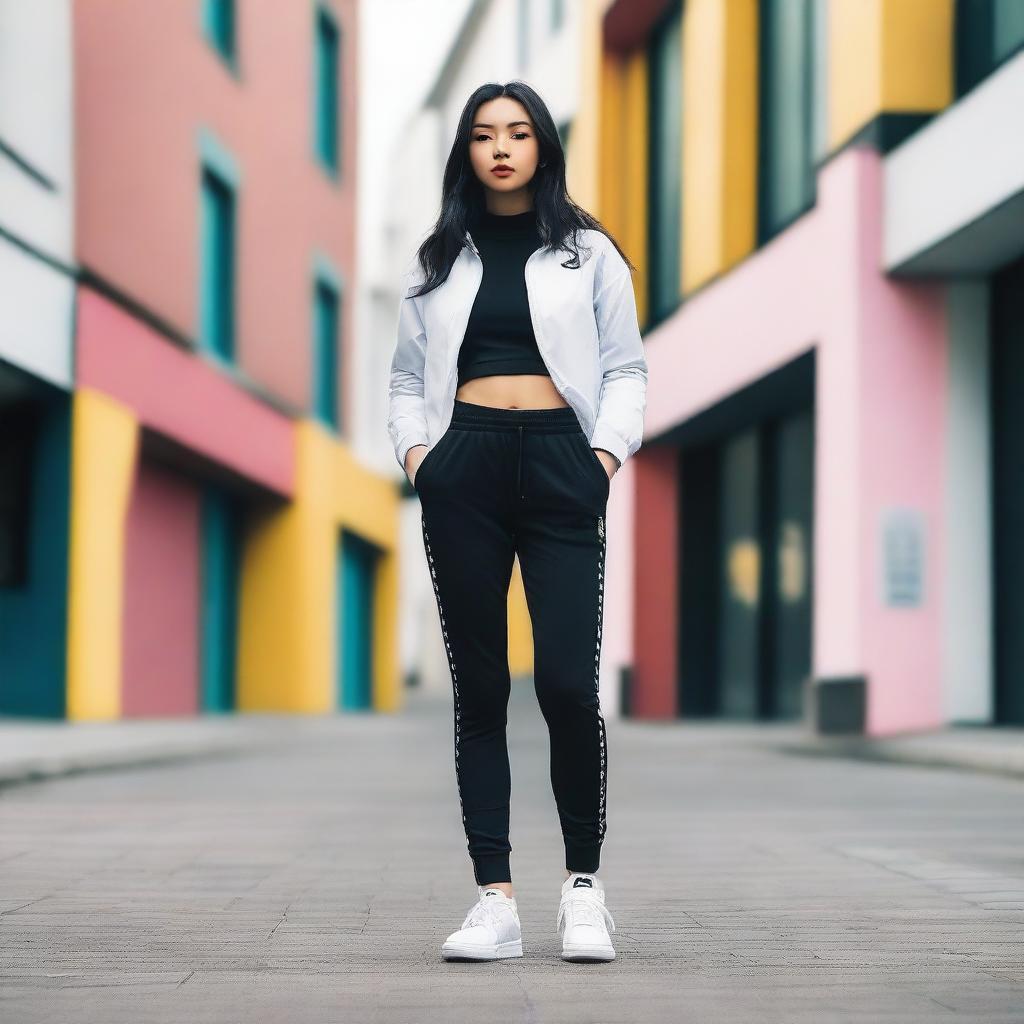 A sporty slim Asian girl is wearing Nike Jordan 1 sneakers that are loosely laced