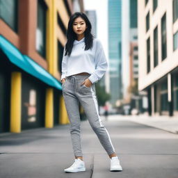 A sporty slim Asian girl is wearing Nike Jordan 1 sneakers that are loosely laced