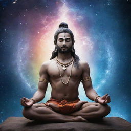 An ethereal image of Lord Mahadev, the Hindu god of destruction, in a tranquil yoga pose, with a cosmic backdrop