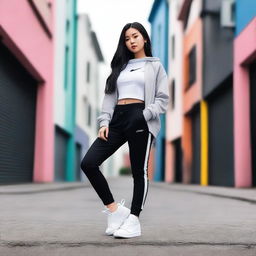 A sporty slim Asian girl is wearing Nike Jordan 1 sneakers that are loosely laced