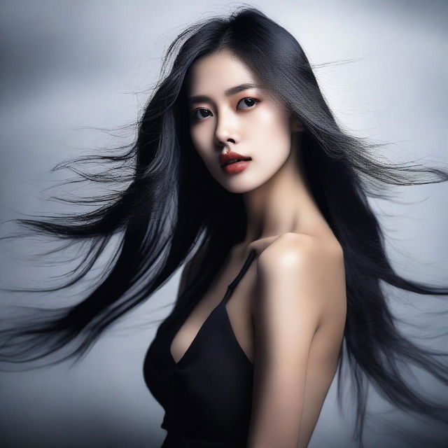 A tall slim Asian girl with long hair and full lips stands with her mouth seductively opened