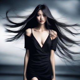 A tall slim Asian girl with long hair and full lips stands with her mouth seductively opened