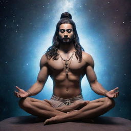 An ethereal image of Lord Mahadev, the Hindu god of destruction, in a tranquil yoga pose, with a cosmic backdrop