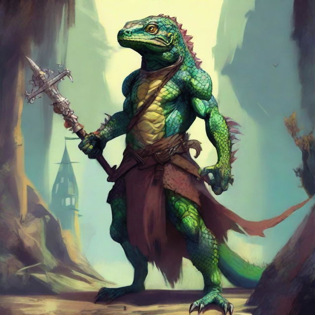 A 7-foot-tall lizard person with a draconic face stands menacingly