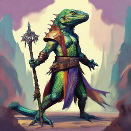 A 7-foot-tall lizard person with a draconic face stands menacingly