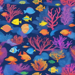 Create a vibrant and colorful image of the deep sea, filled with various brightly colored fish and other sea creatures