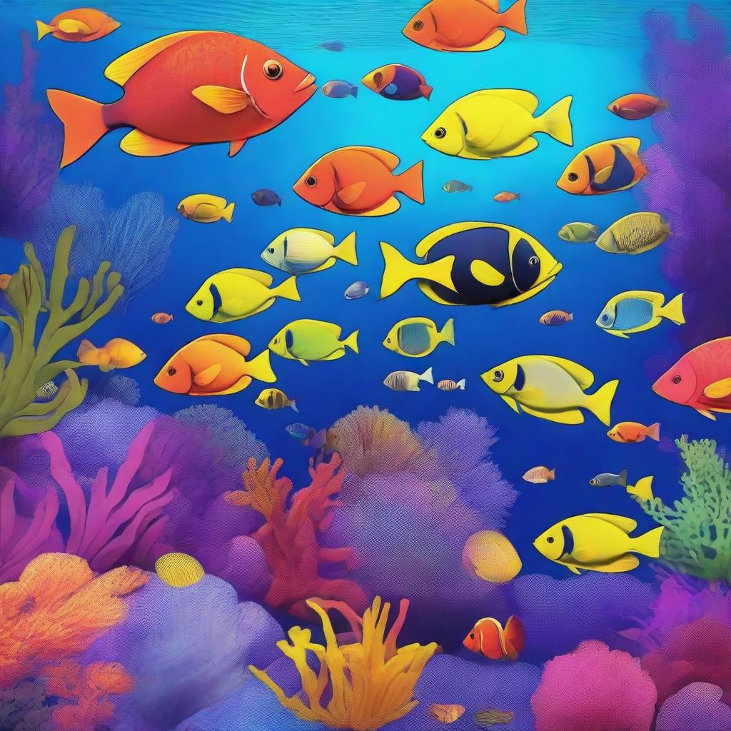 Create a vibrant and colorful image of the deep sea, filled with various brightly colored fish and other sea creatures