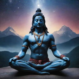 An ethereal image of Lord Mahadev, the Hindu god of destruction, in a tranquil yoga pose, with a cosmic backdrop