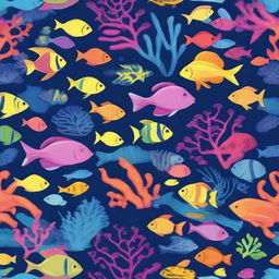 Create a vibrant and colorful image of the deep sea, filled with various brightly colored fish and other sea creatures