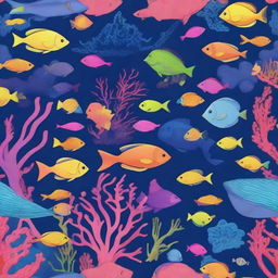 Create a vibrant and colorful image of the deep sea, filled with various brightly colored fish and other sea creatures