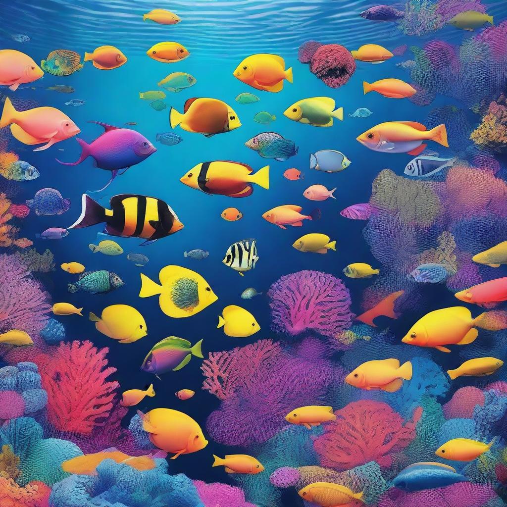 Create a highly saturated and complex image of the deep sea, filled with various brightly colored fish and other sea creatures