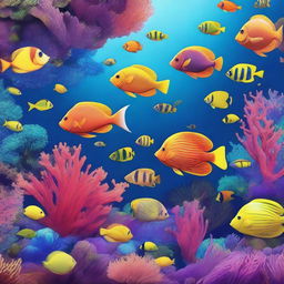 Create a highly saturated and complex image of the deep sea, filled with various brightly colored fish and other sea creatures