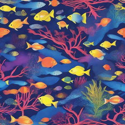 Create a highly saturated and complex image of the deep sea, filled with various brightly colored fish and other sea creatures