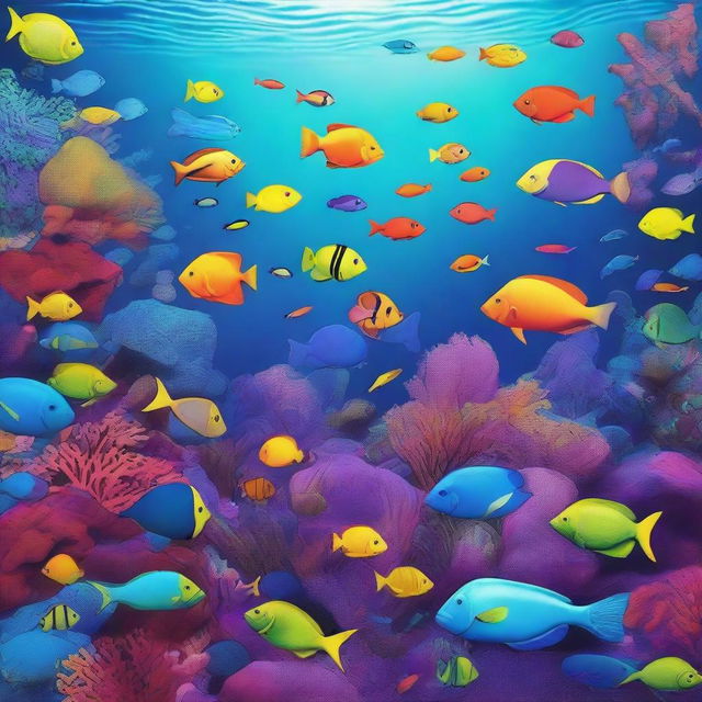 Create a highly saturated and complex image of the deep sea, filled with various brightly colored fish and other sea creatures