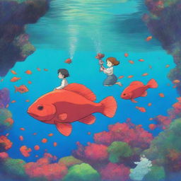 Create a highly saturated and complex image inspired by the movie 'Big Fish & Begonia'