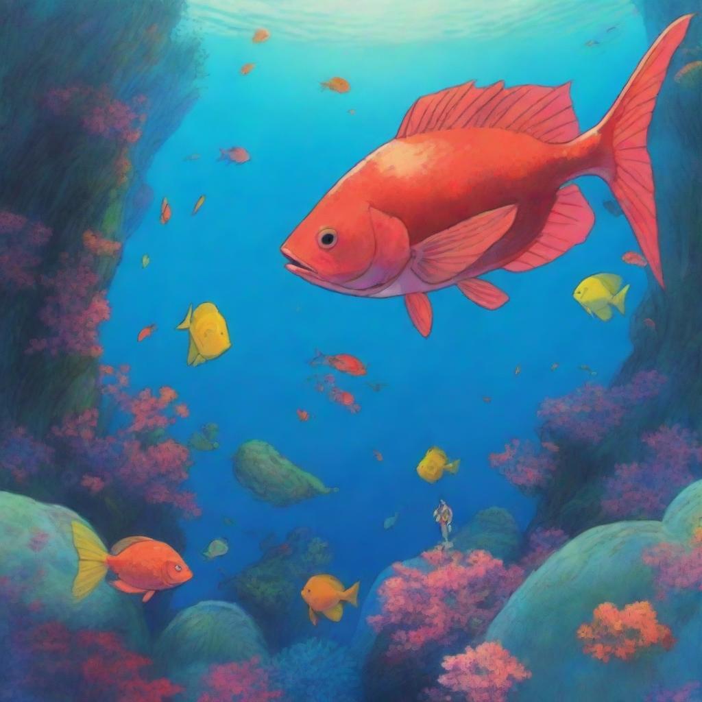 Create a highly saturated and complex image inspired by the movie 'Big Fish & Begonia'